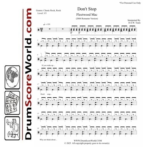 Fleetwood Mac - Don't Stop - Drum Sheet + Play-Along Track